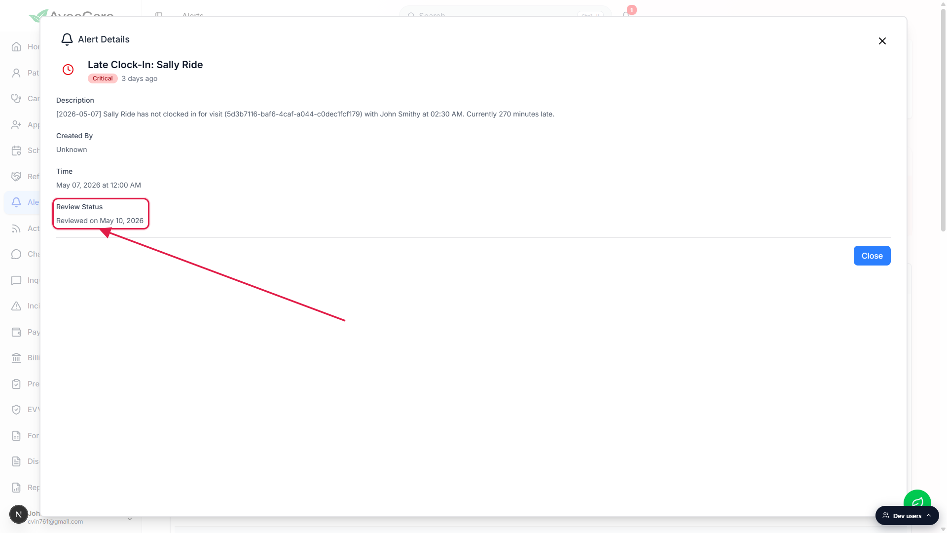 Review Status section of the Alert Details modal showing Reviewed on May 10, 2026, called out with a red box
