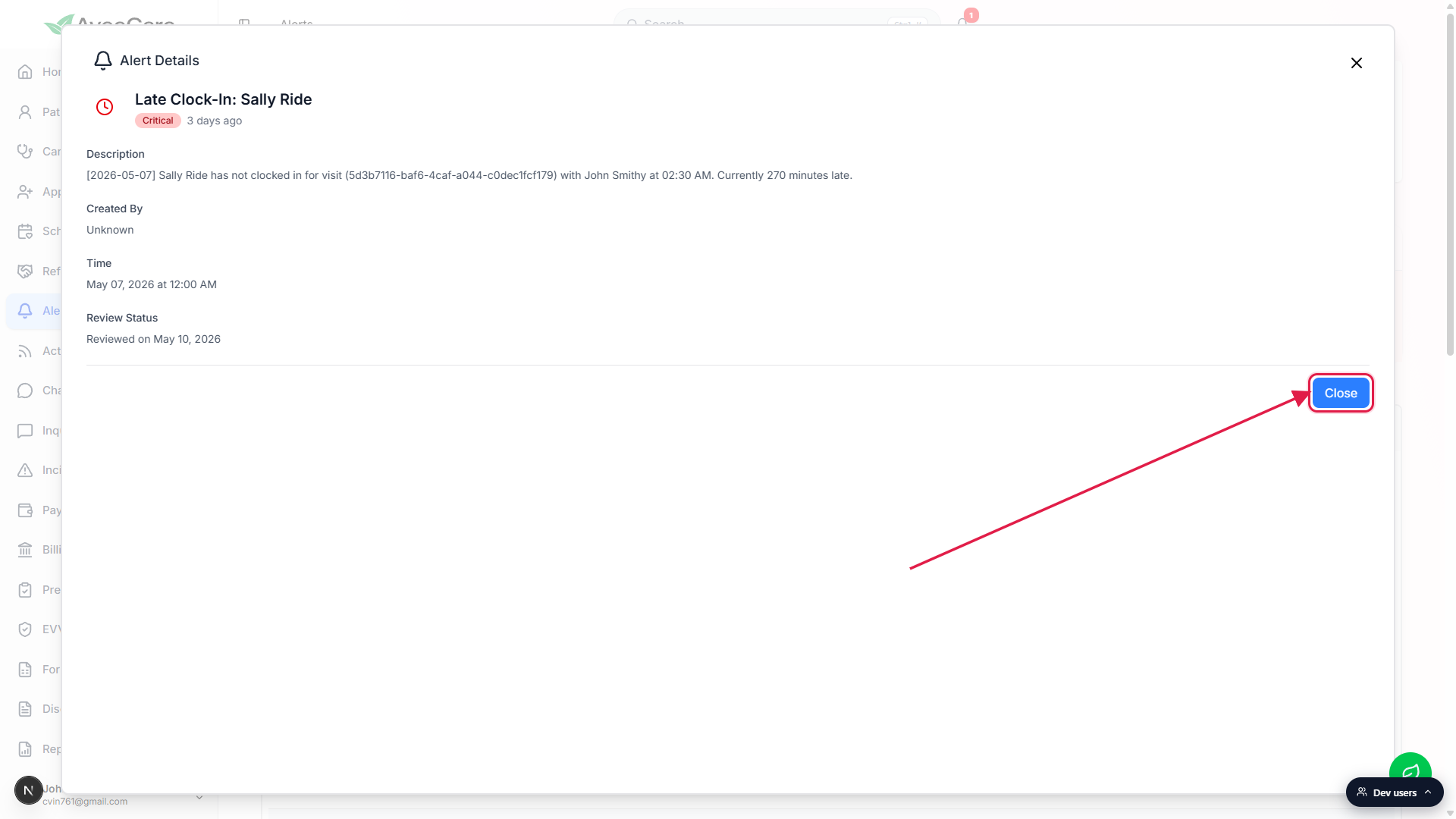 Close button at the bottom right of the Alert Details modal called out with a red box