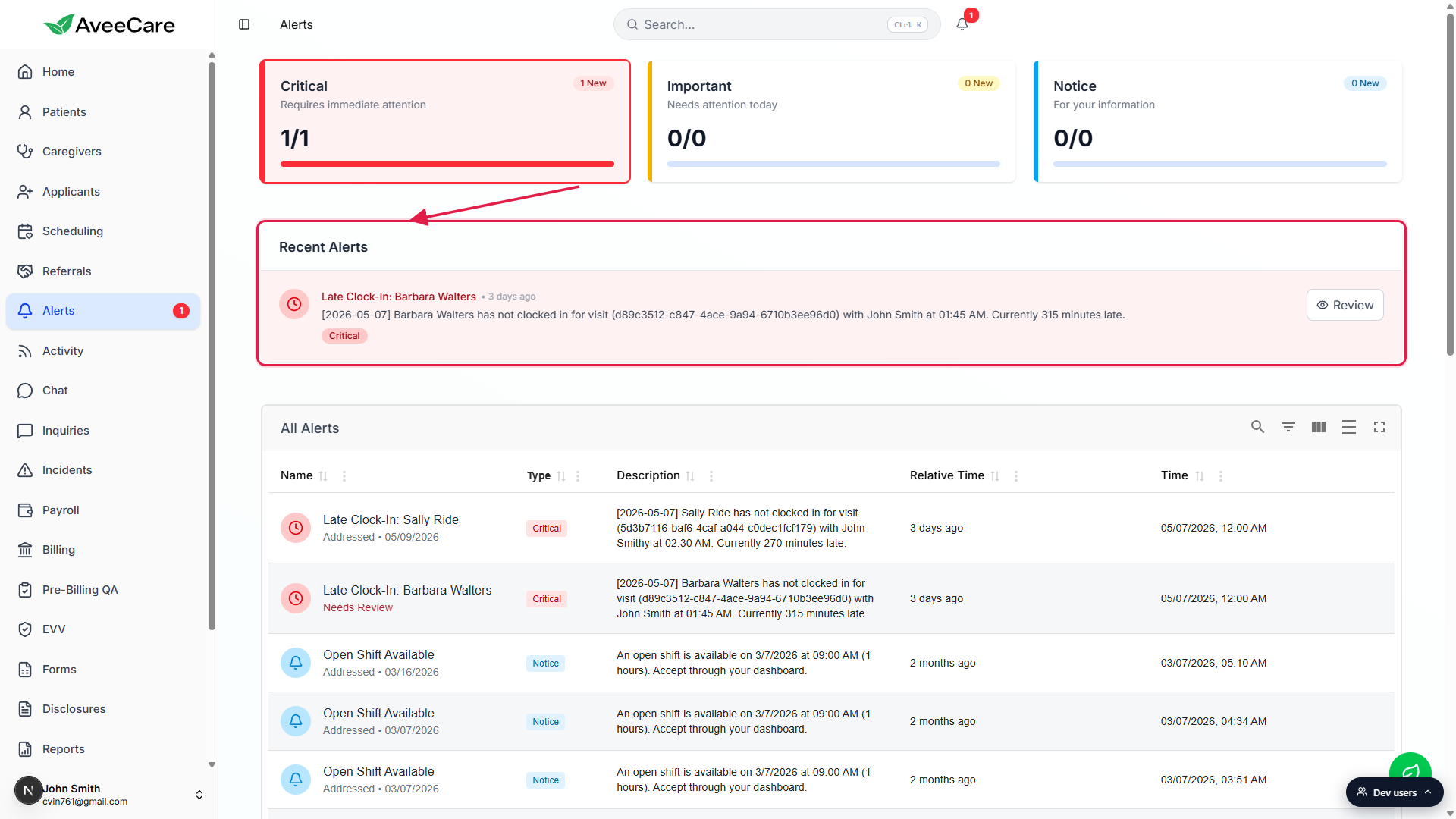 Critical tier card highlighted with a red ring after clicking, and the Recent Alerts panel filtered to one Critical Late Clock-In entry, called out with a red box and arrow