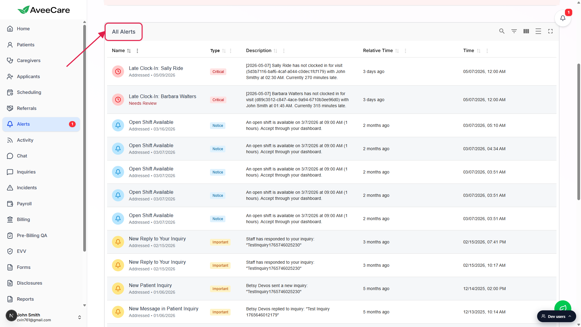 All Alerts table at the bottom of the Alerts page, with the table heading called out by a red box and arrow