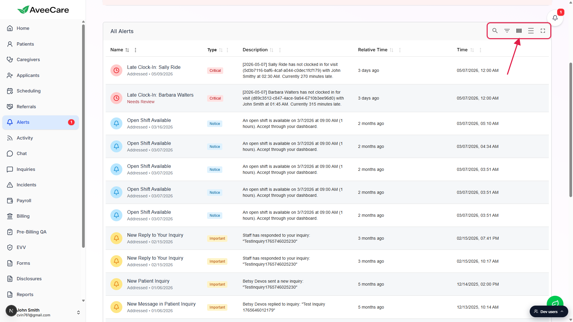 Toolbar buttons in the top-right of the All Alerts table, called out by a red box and arrow