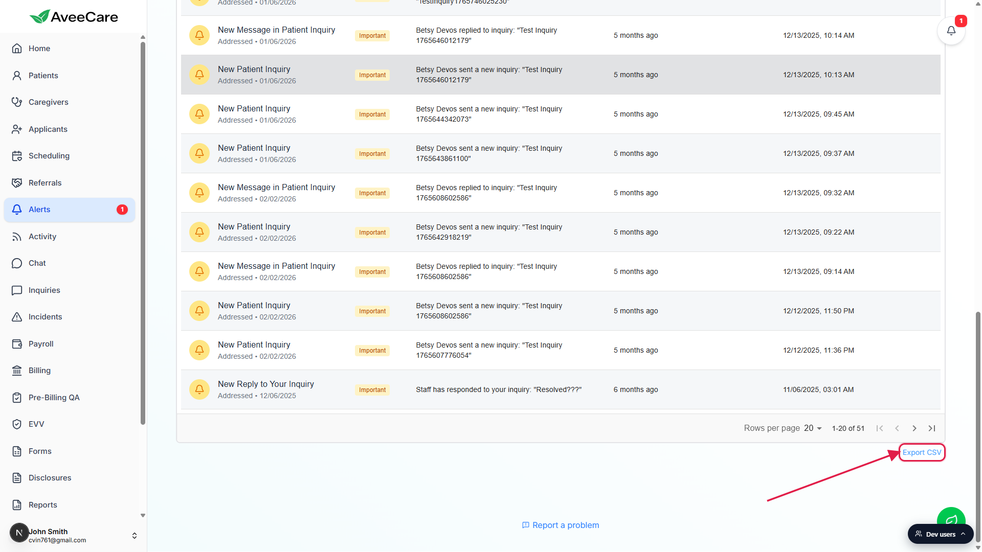 Bottom of the All Alerts table showing Rows per page, the count of 1-20 of 51, the page navigation arrows, and the Export CSV link called out with a red box and arrow