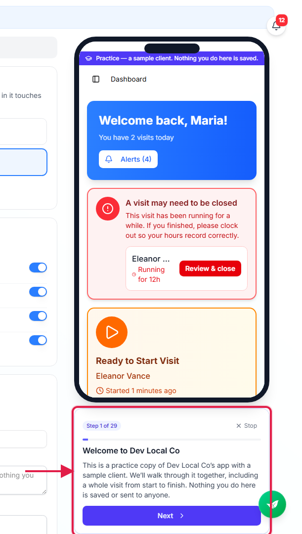 Training running in the phone preview, with the step card under the phone called out with a red box
