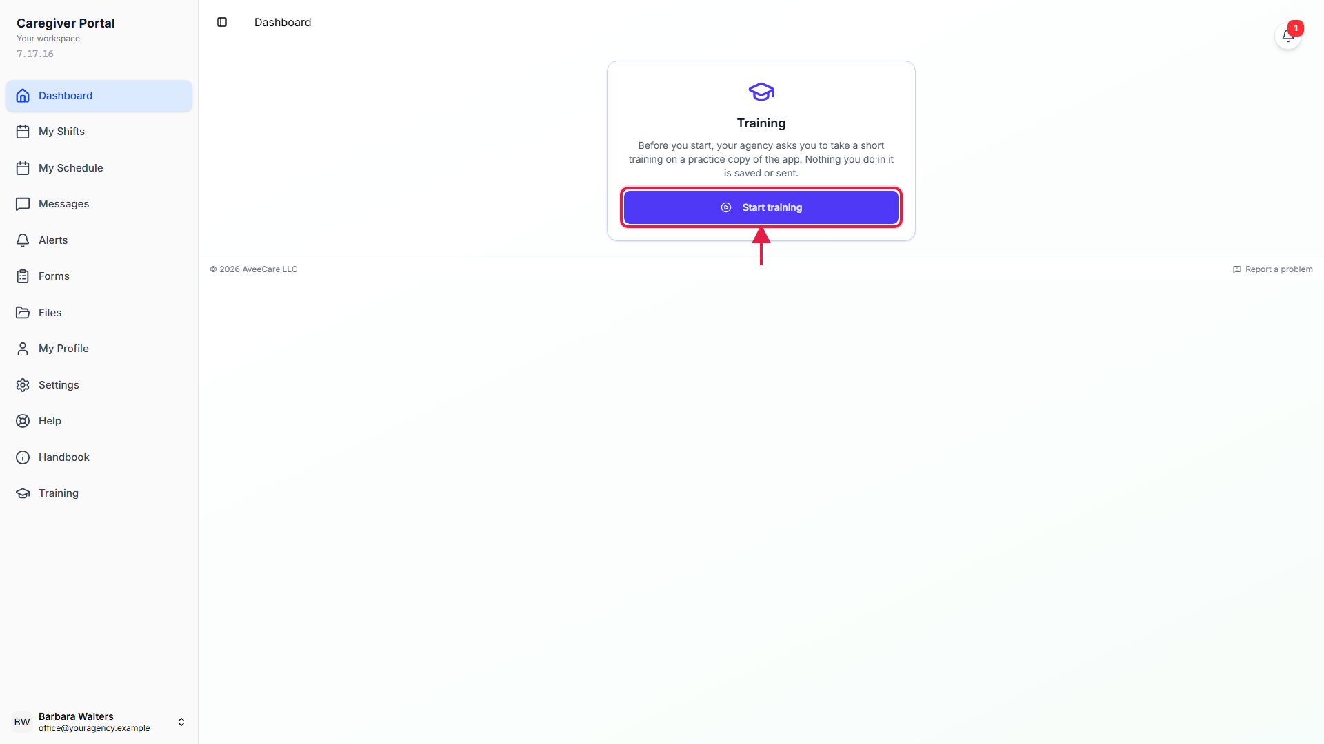 Caregiver app showing the training card with the Start training button called out with a red box