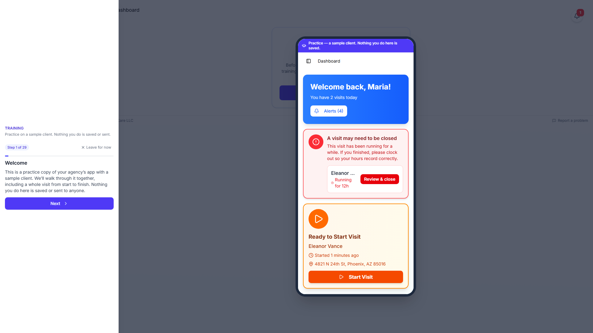 Training window with the step card on the left and the practice caregiver app in a phone on the right