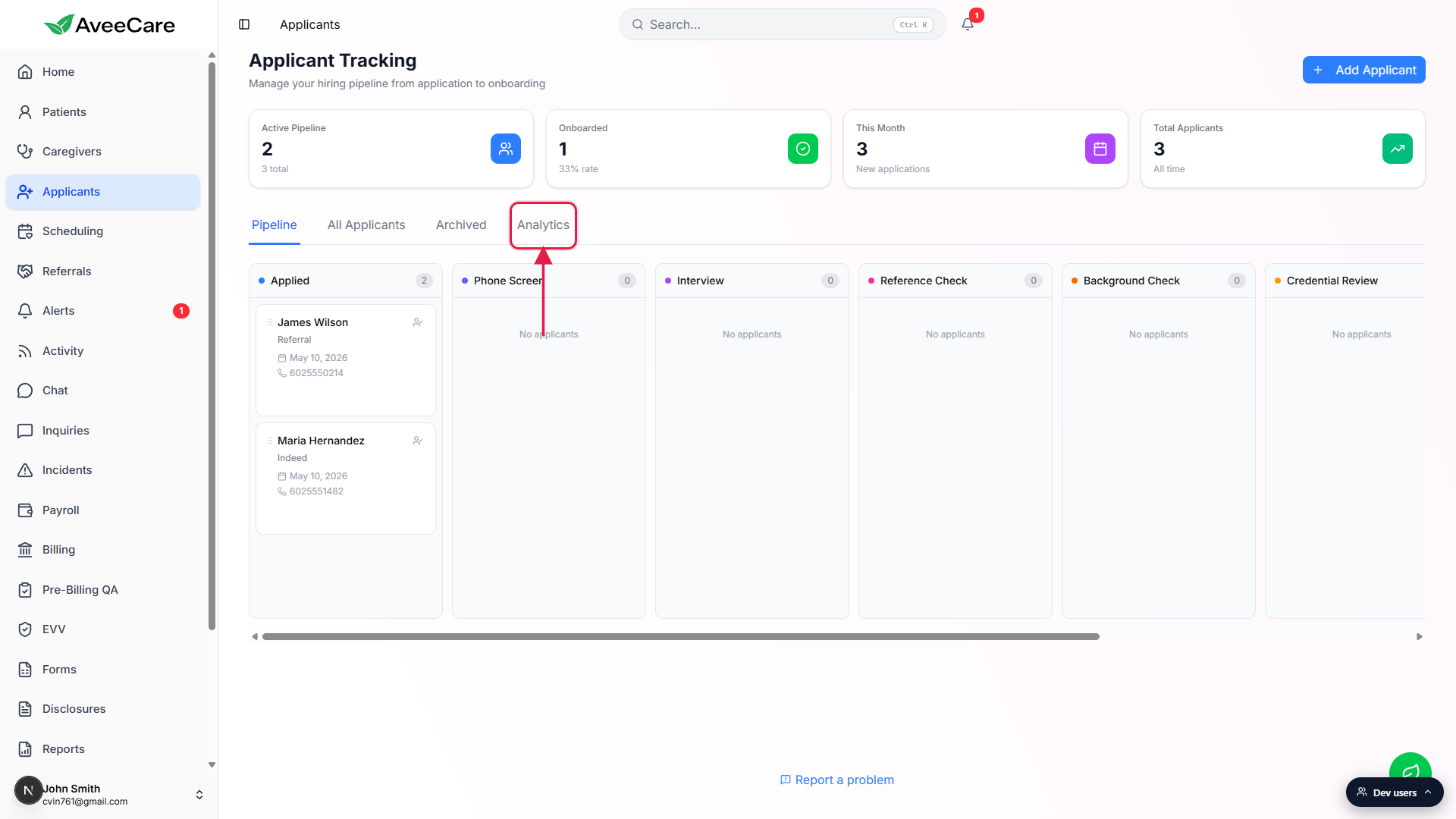 Applicants page with the Analytics tab on the right end of the tab strip highlighted with a red box and arrow