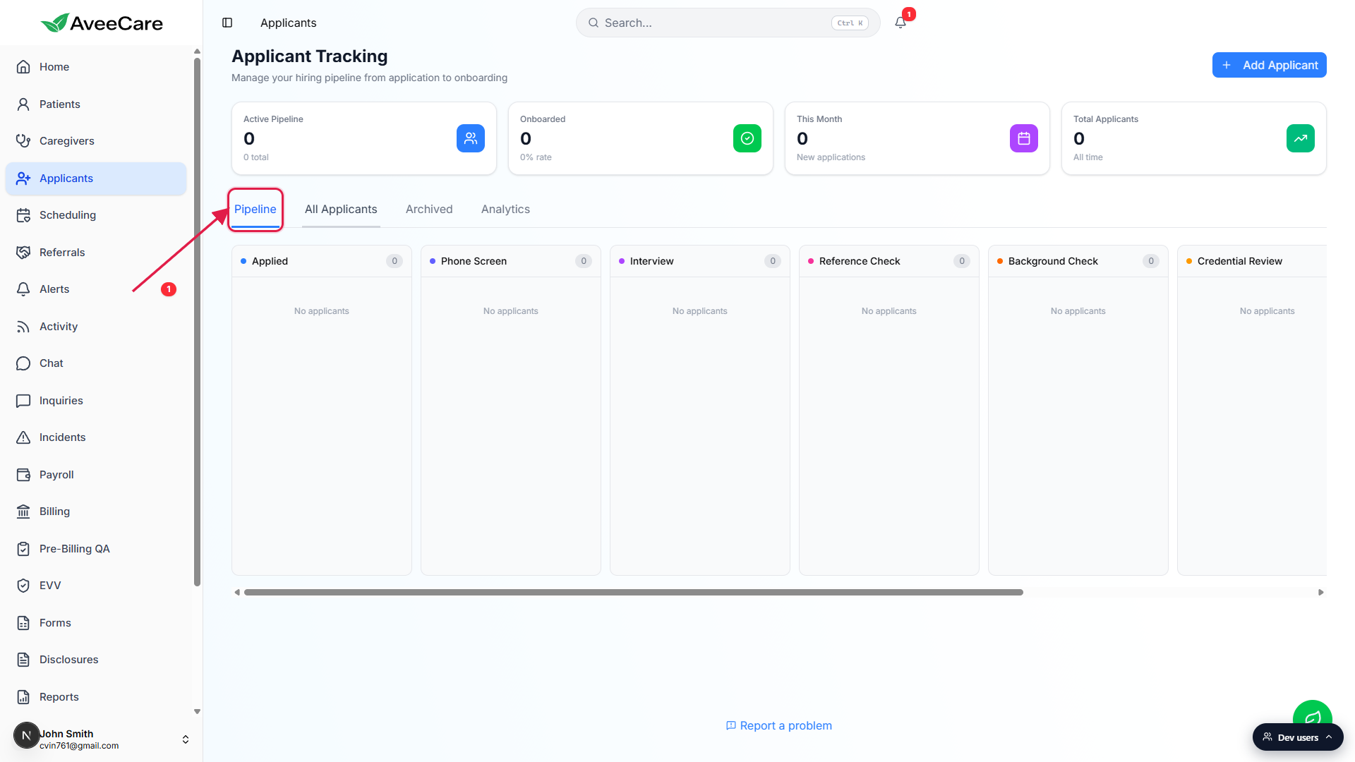 Applicant Tracking page with the Pipeline tab called out by a red box and arrow, KPI tiles above the Kanban columns