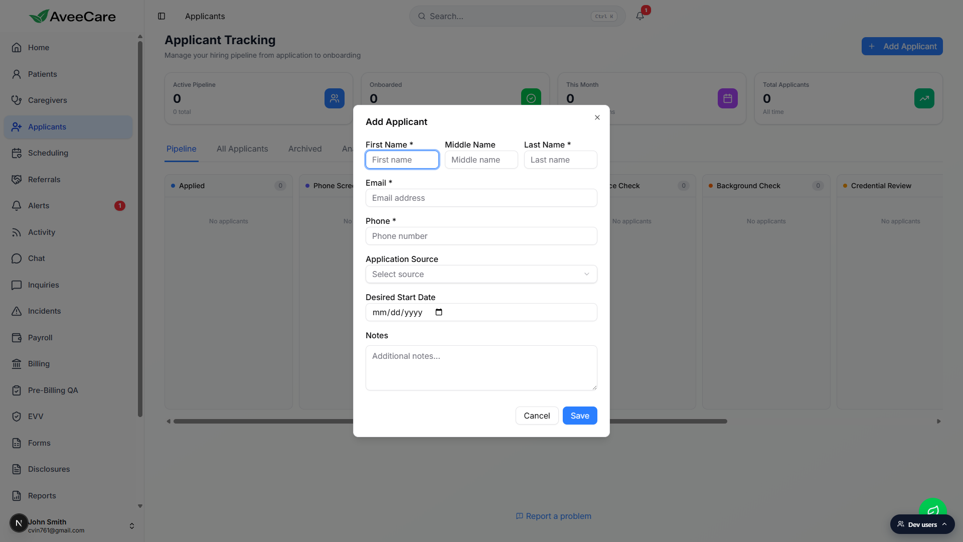 Add Applicant modal with First Name, Middle Name, Last Name, Email, Phone, Application Source, Desired Start Date, and Notes fields and Cancel and Save buttons at the bottom