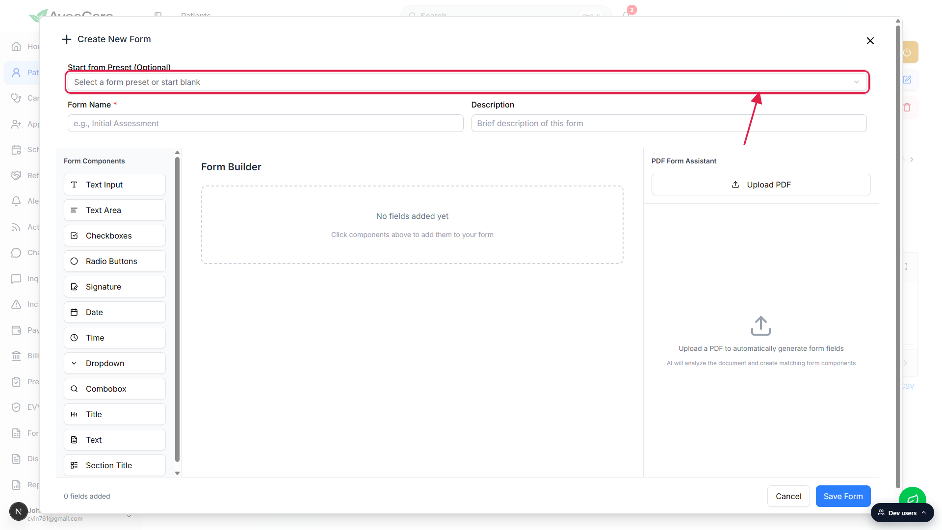 Create New Form modal with the Start from Preset dropdown called out with a red box, plus Form Name, Description, the Form Components rail, and the empty Form Builder canvas behind it