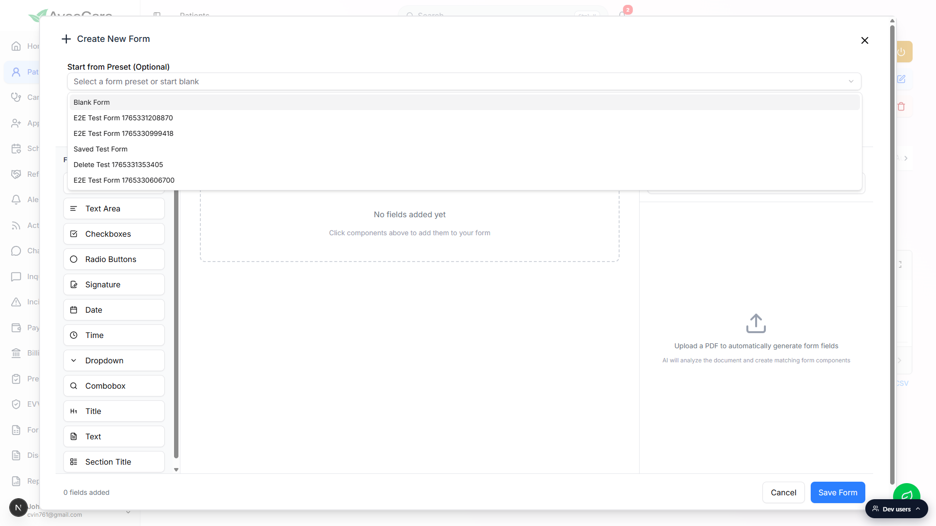 Create New Form modal with the Start from Preset dropdown open, listing Blank Form and several existing Form Presets the office can pick