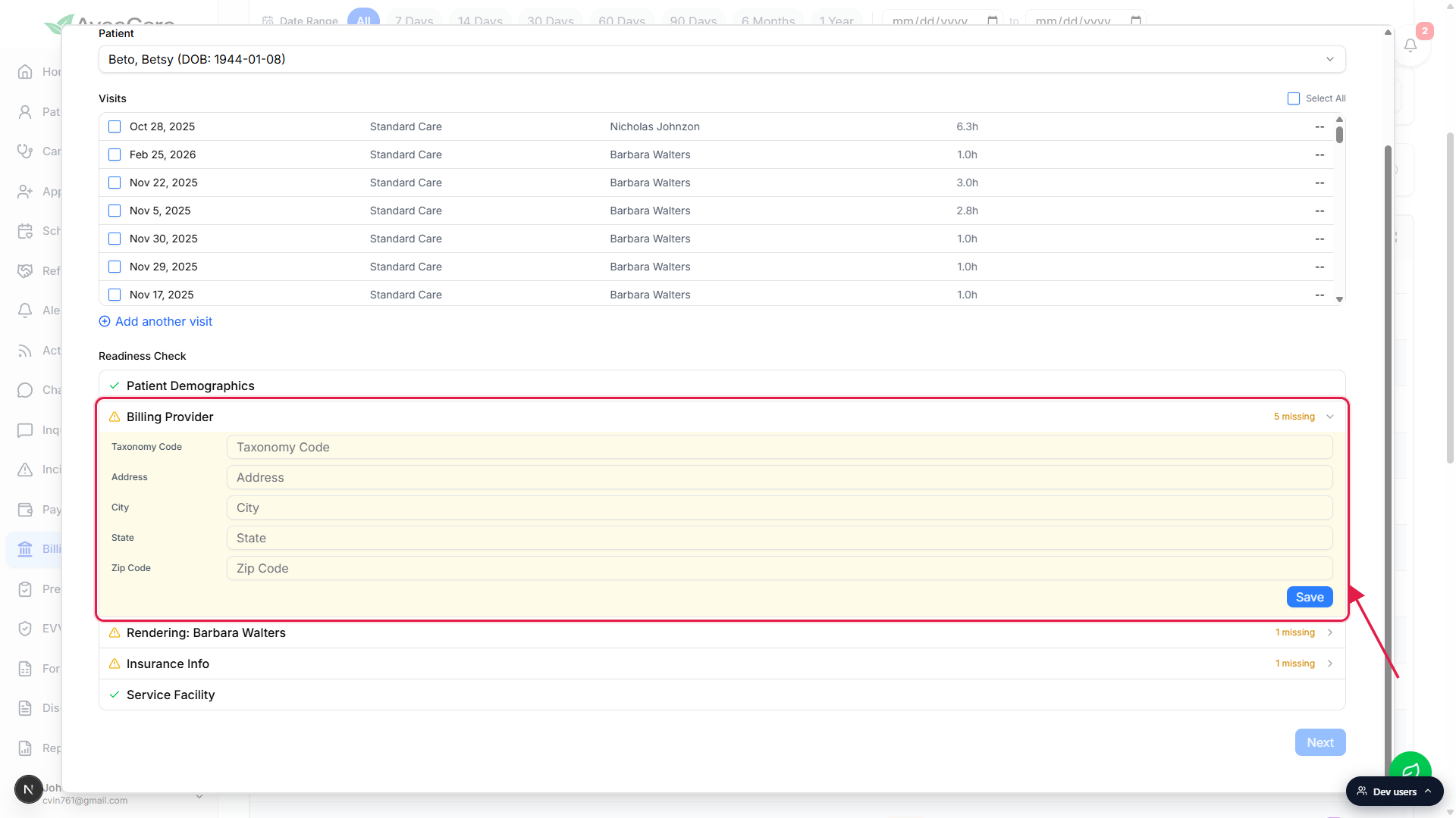 Billing Provider row of the Readiness Check expanded into the inline fix form, called out with a red box. The form shows labeled inputs for Taxonomy Code, Address, City, State, and Zip Code stacked vertically, with a blue Save button at the bottom right of the yellow-tinted card.