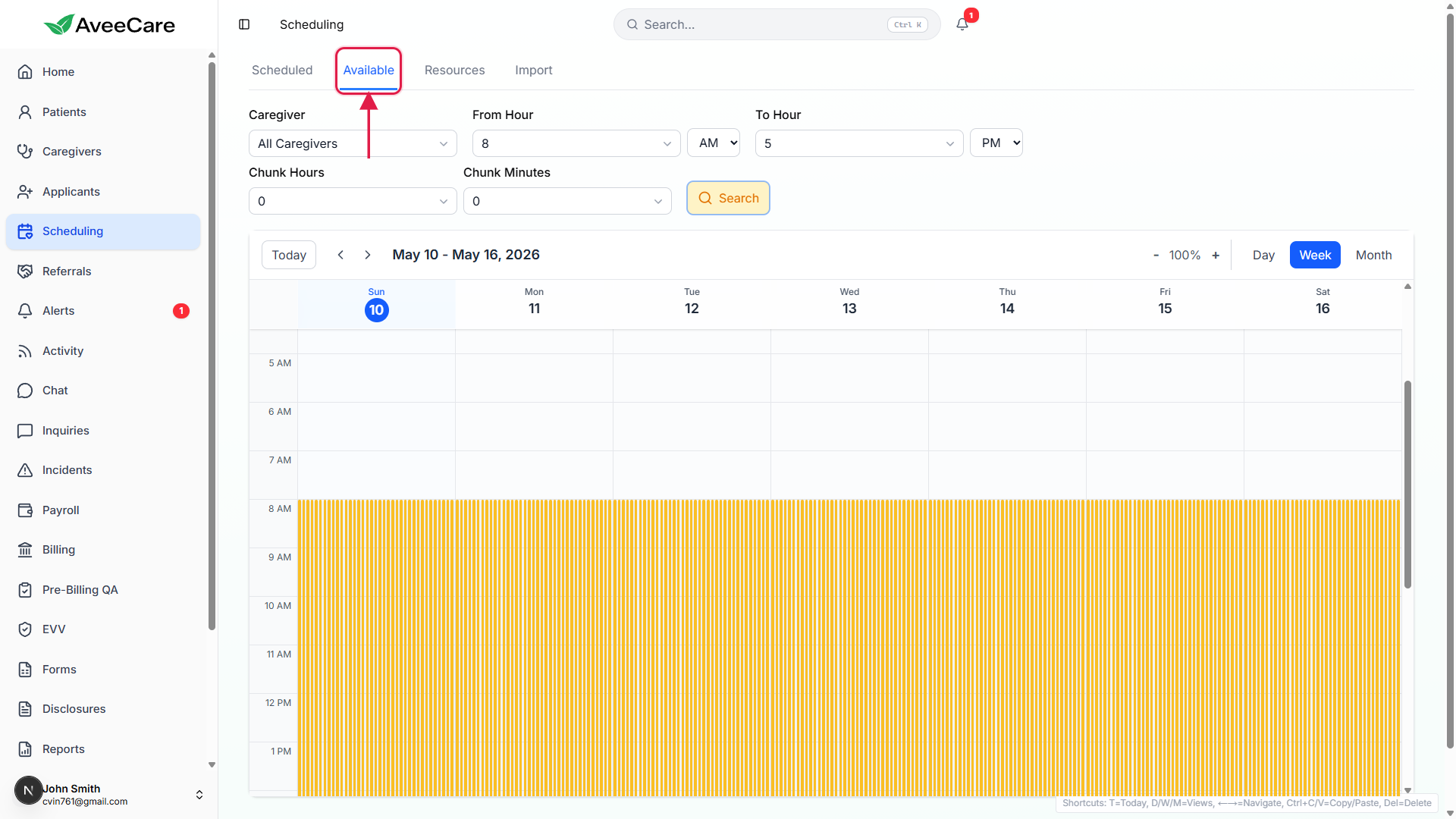 Scheduling page with the Available tab highlighted in the tab strip and amber availability bars rendered across the week-view calendar
