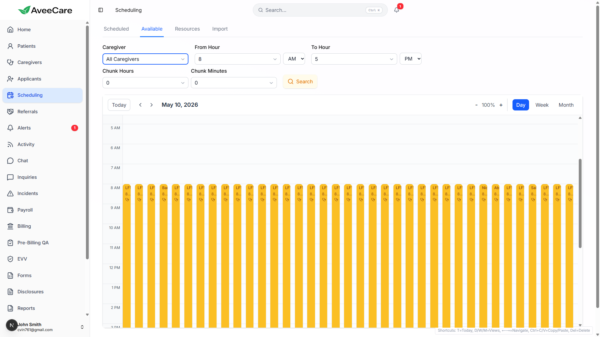 Available tab in Day view for May 10, 2026 showing one amber column per caregiver with caregiver labels at the top of each opening from 8 AM through the configured To Hour