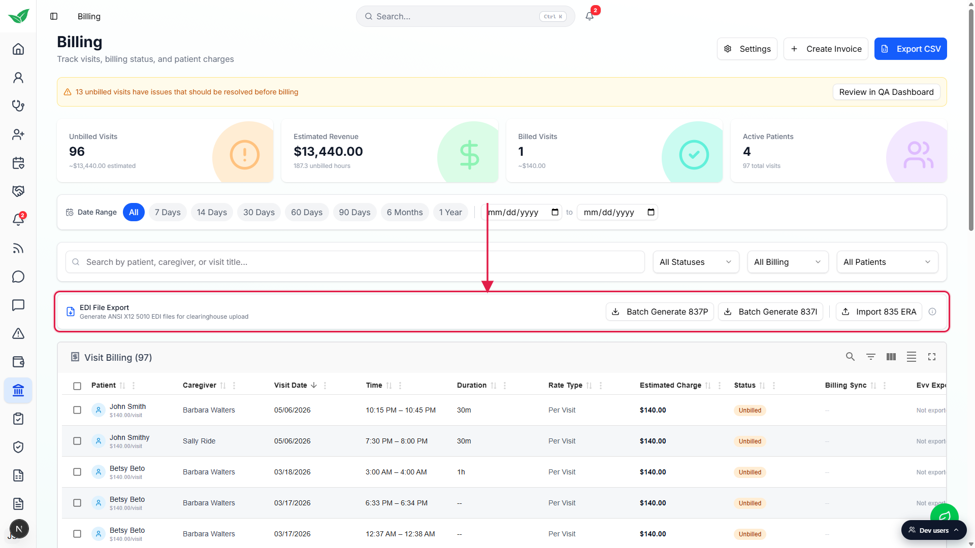 Billing page with the EDI File Export card highlighted in a red box, showing Batch Generate 837P, Batch Generate 837I, and Import 835 ERA buttons above the Visit Billing table