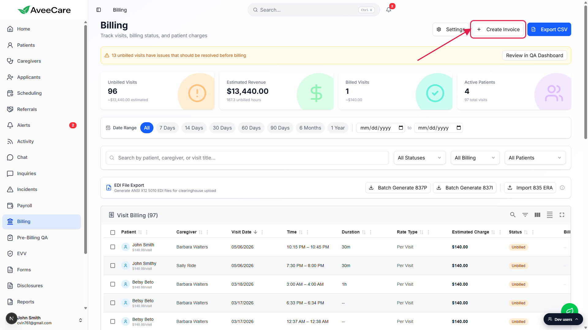 Billing page with the Create Invoice button highlighted in the top right, plus the four stat cards (Unbilled Visits, Estimated Revenue, Billed Visits, Active Patients) and the pre-billing QA warning banner