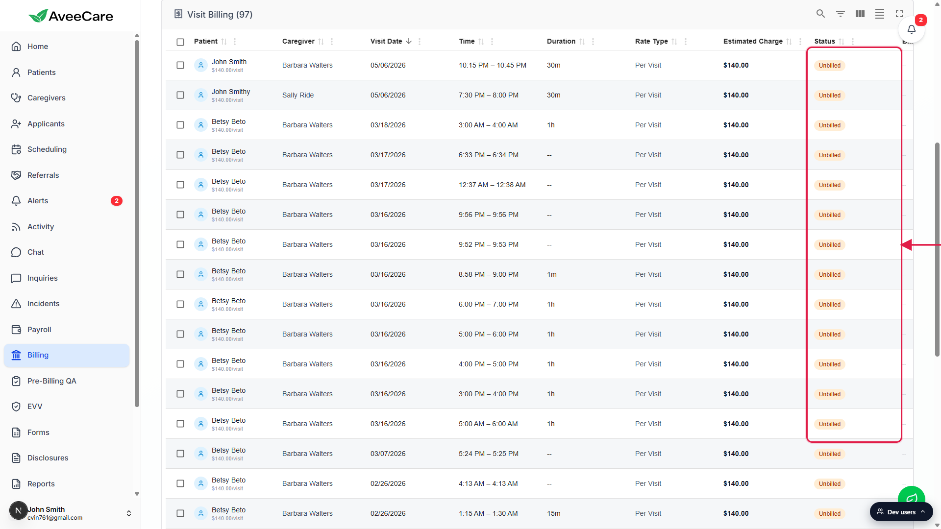 Visit Billing table with the Status column called out in a red box; columns shown are Patient, Caregiver, Visit Date, Time, Duration, Rate Type, Estimated Charge, Status