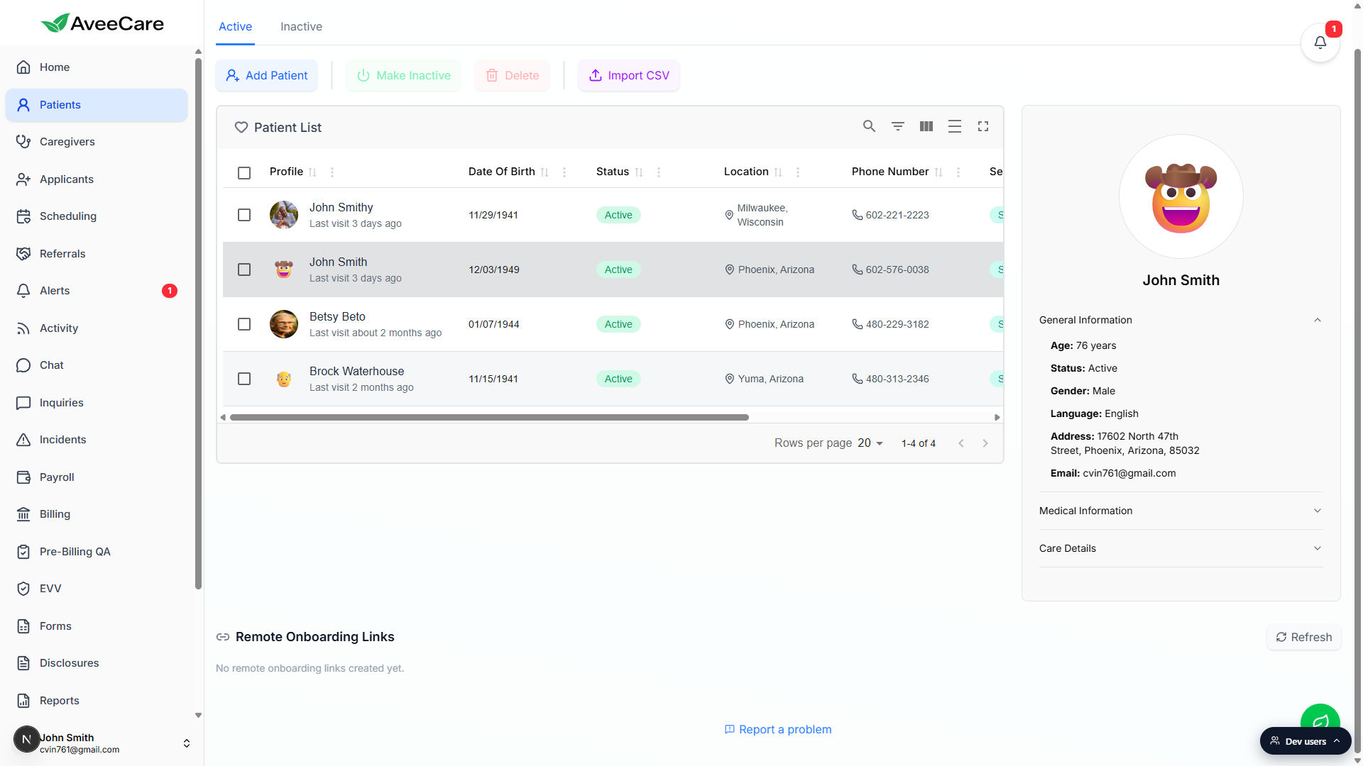 Patients page opened after clicking a row in the Upcoming Patient Birthdays widget, with the patient list on the left and a profile detail panel on the right