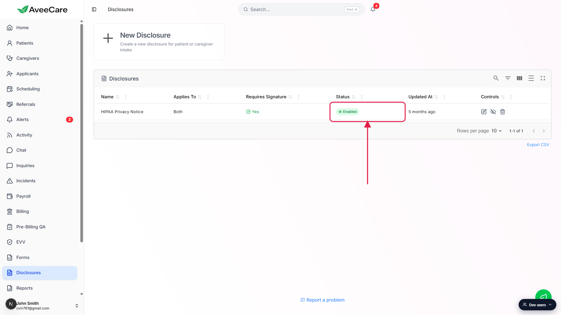 Disclosures page with the HIPAA Privacy Notice row and the Status column called out with a red box around the Enabled chip, while the New Disclosure tile sits above the table.