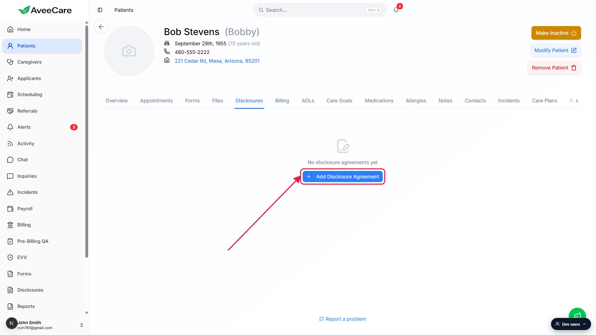Patient Disclosures tab on Bob Stevens with No disclosure agreements yet empty state and the Add Disclosure Agreement button highlighted with a red box.