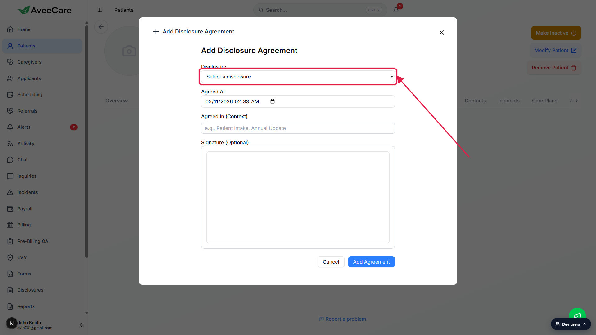 Add Disclosure Agreement modal with the Disclosure dropdown highlighted with a red box, plus Agreed At date field, Agreed In context field, optional signature pad, and a blue Add Agreement button.
