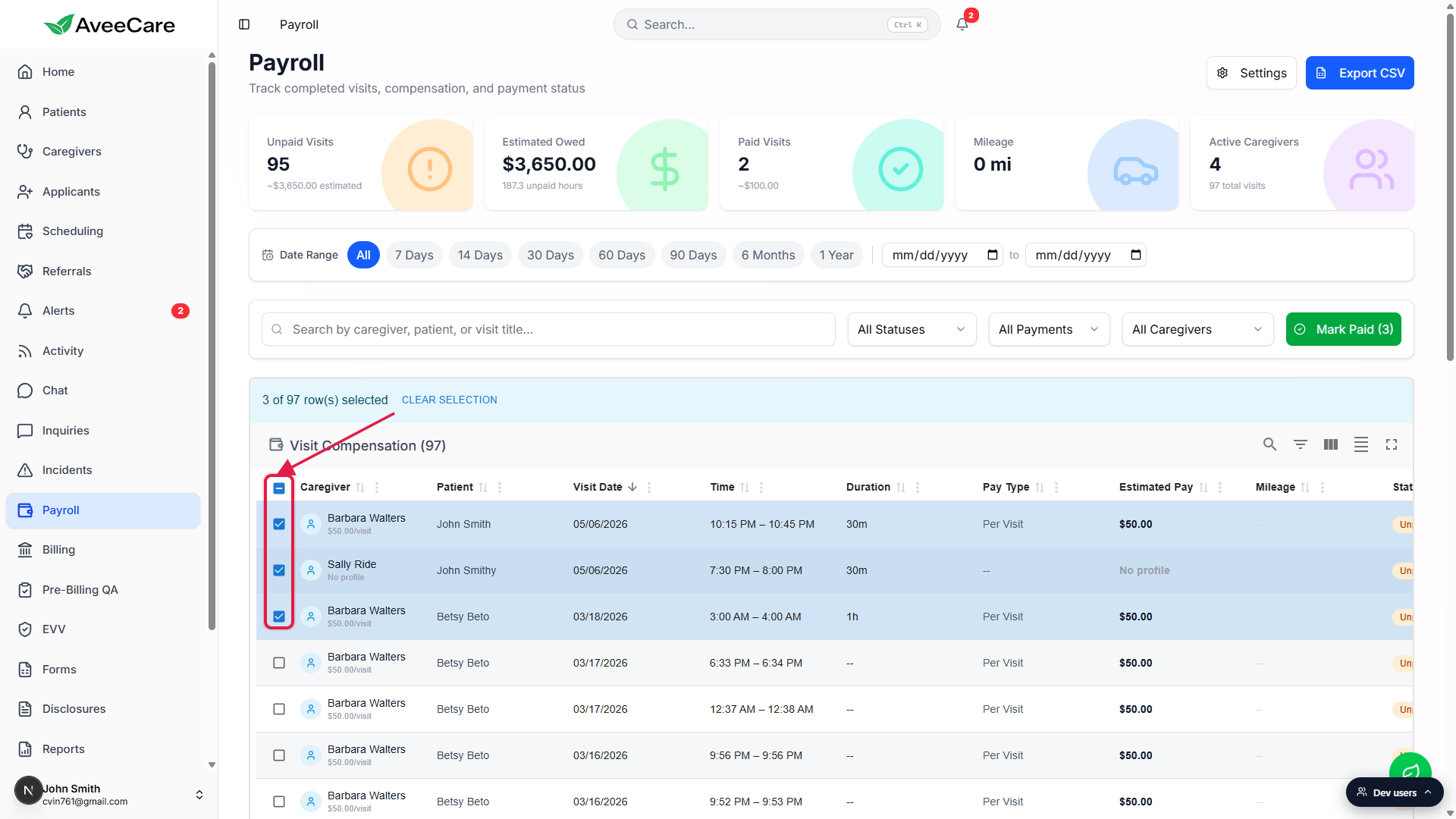 Visit Compensation table with rows selected and the bulk action toolbar visible