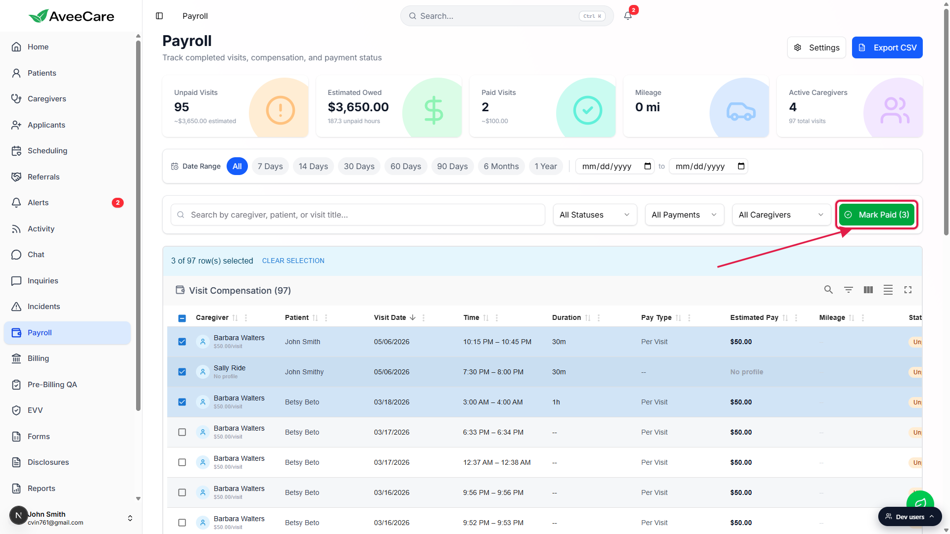 Mark Paid button in the bulk-action toolbar