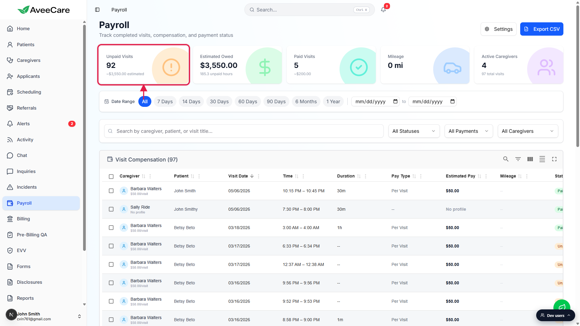 Visit Compensation table after Mark Paid, showing the rows now in Paid state