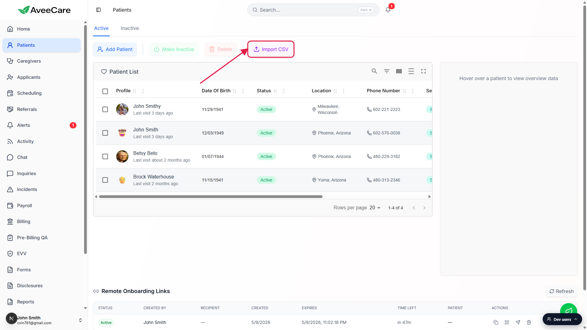 Patients page action bar with the Import CSV button on the right, called out with a red box and an arrow from the left empty area