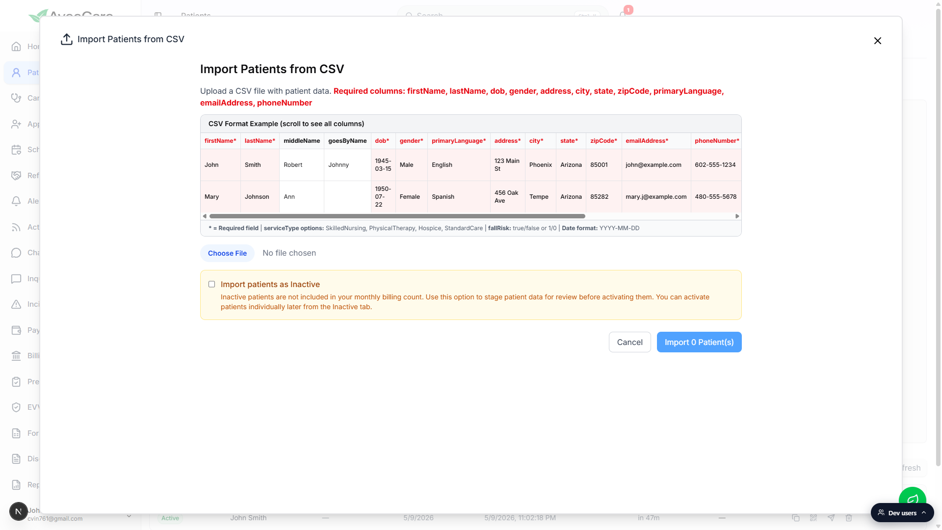 Import Patients from CSV modal showing the required-columns line, the CSV Format Example table, the Choose File button, the Import patients as Inactive toggle, and the Cancel and Import buttons