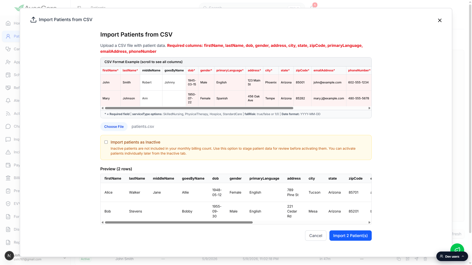 Import modal after choosing a CSV file, showing the filename next to Choose File, a Preview (2 rows) table with the uploaded patient data, and the Import 2 Patient(s) button enabled in the bottom right