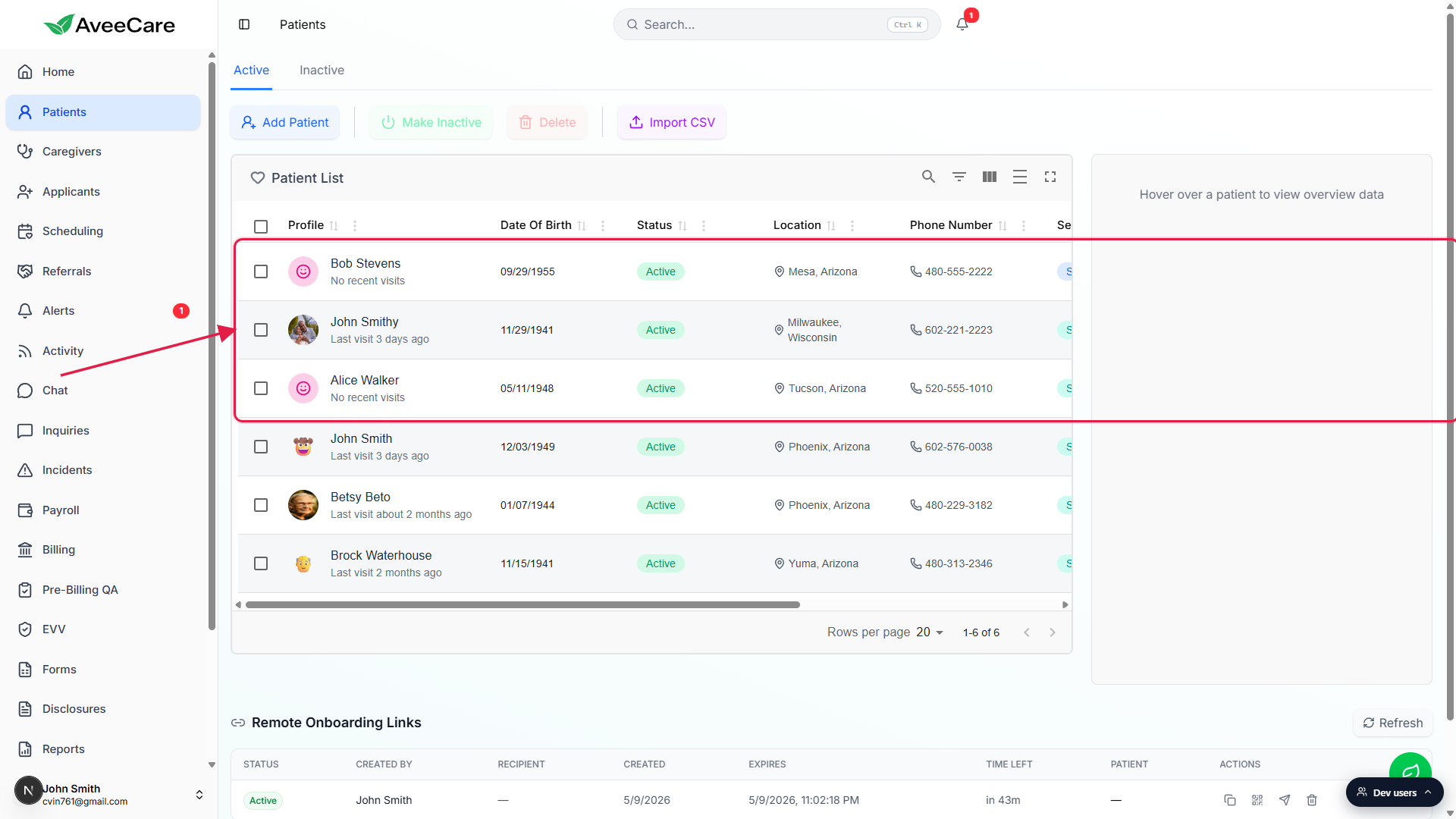 Patients page Active tab after the import, with the two newly imported patients (Bob Stevens and Alice Walker) at the top of the Patient List, called out with a red box and an arrow from the left empty area