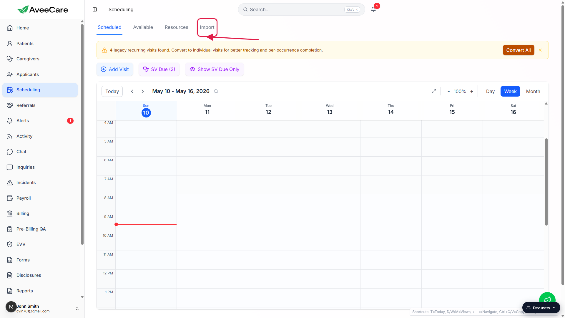 Scheduling page with the Import tab in the top tab strip called out with a red box
