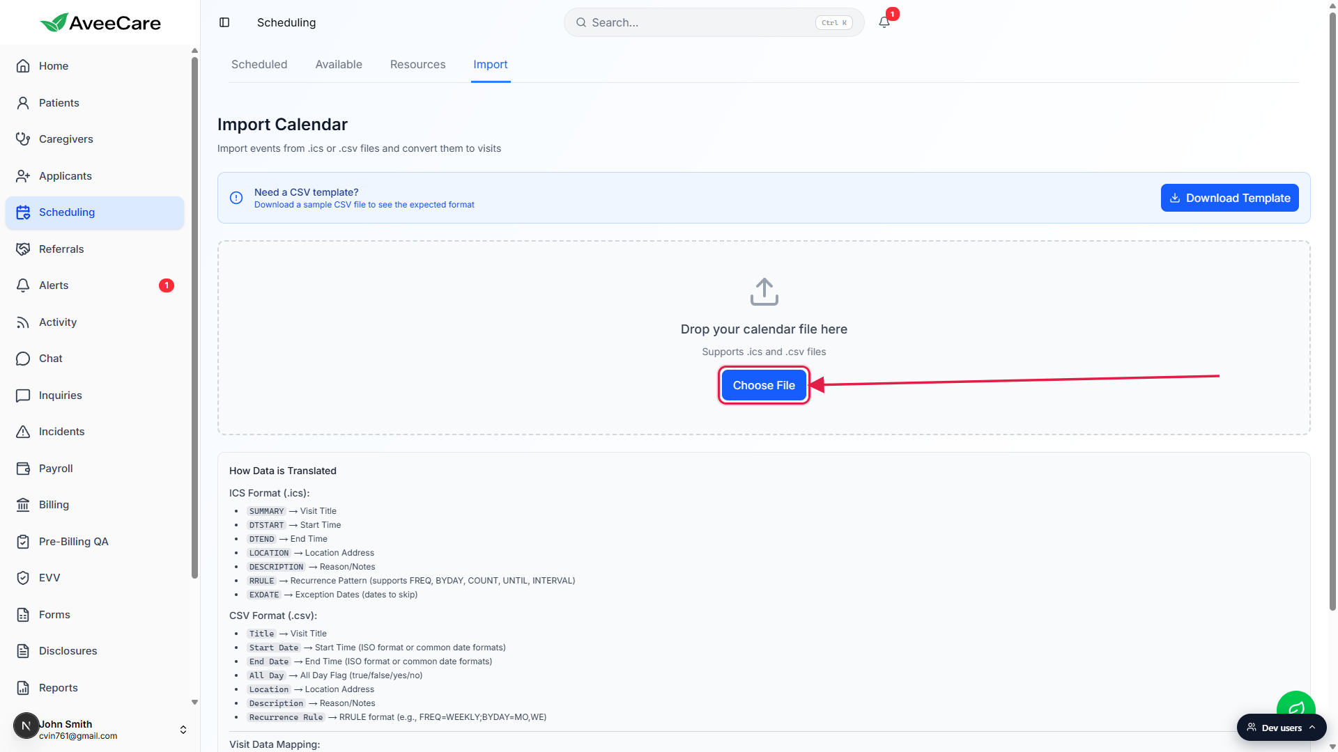 Import Calendar drop zone with the Choose File button highlighted in red
