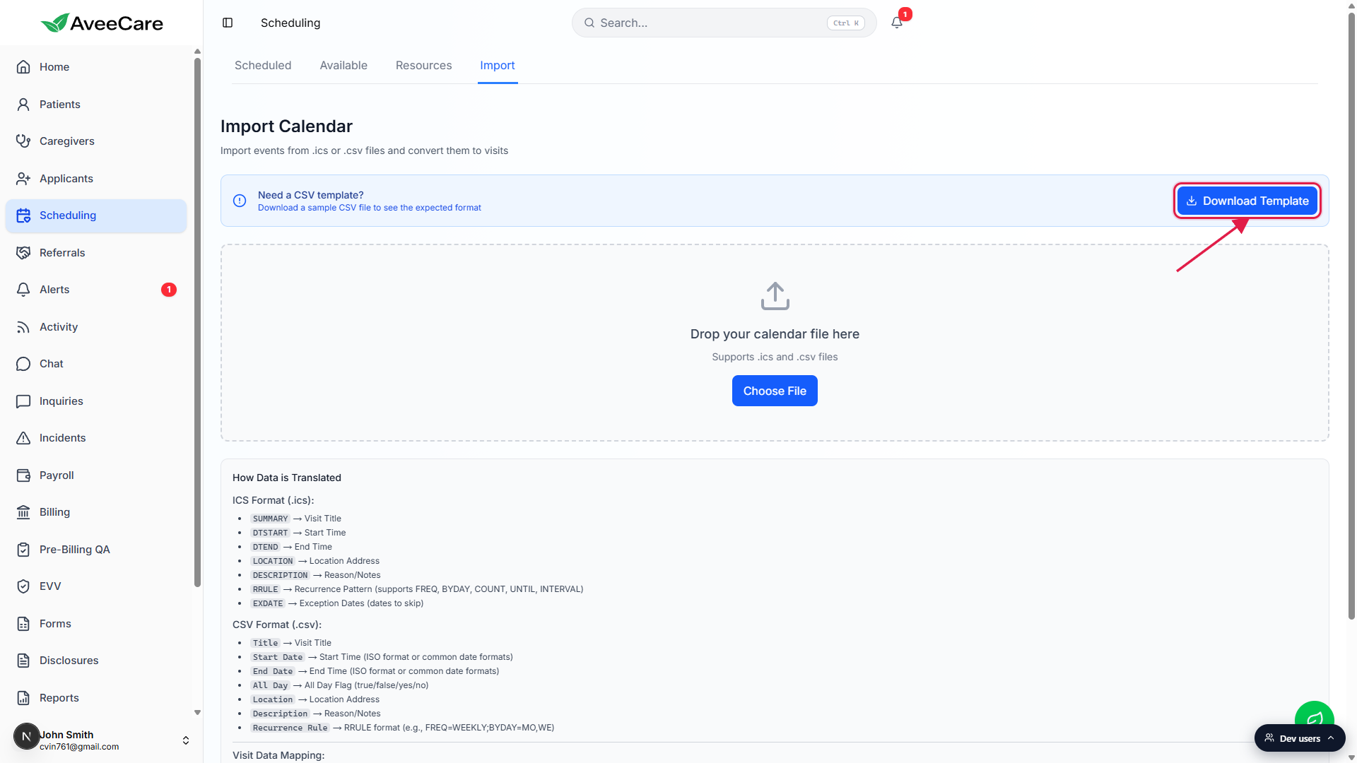 Need a CSV template card on the Import tab with the Download Template button highlighted in red
