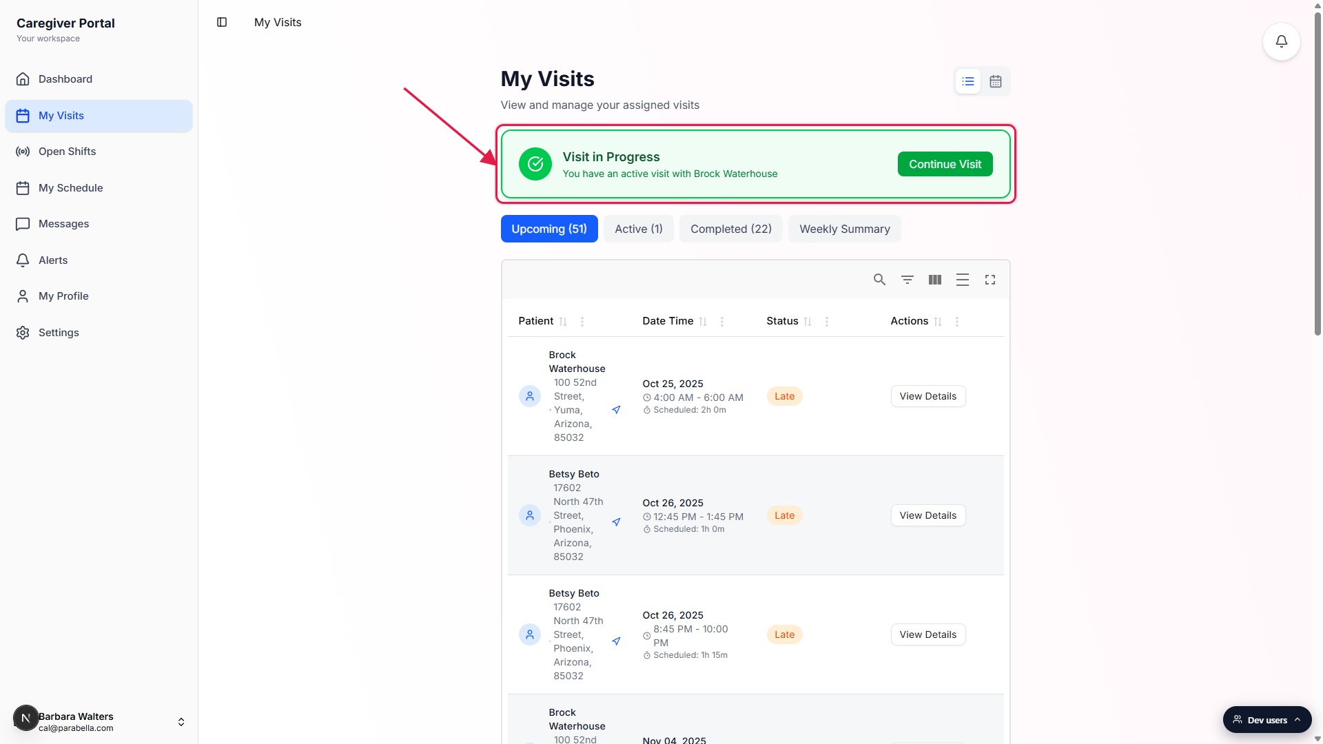 My Visits page with the Visit in Progress banner persisting at the top, called out with a red box, and the Active tab showing a count of 1
