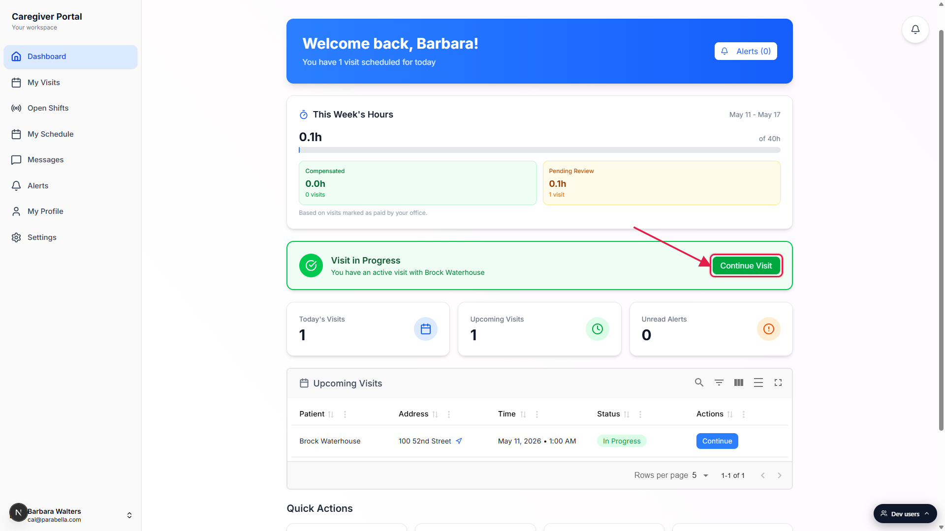 Visit in Progress banner with a red box tightly around the green Continue Visit button on the right side