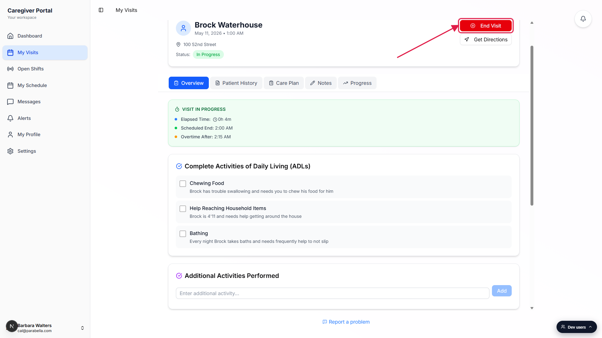 Visit detail page in progress with the red End Visit button in the top right called out with a red box, showing Status In Progress, Elapsed Time, and the ADL checklist below