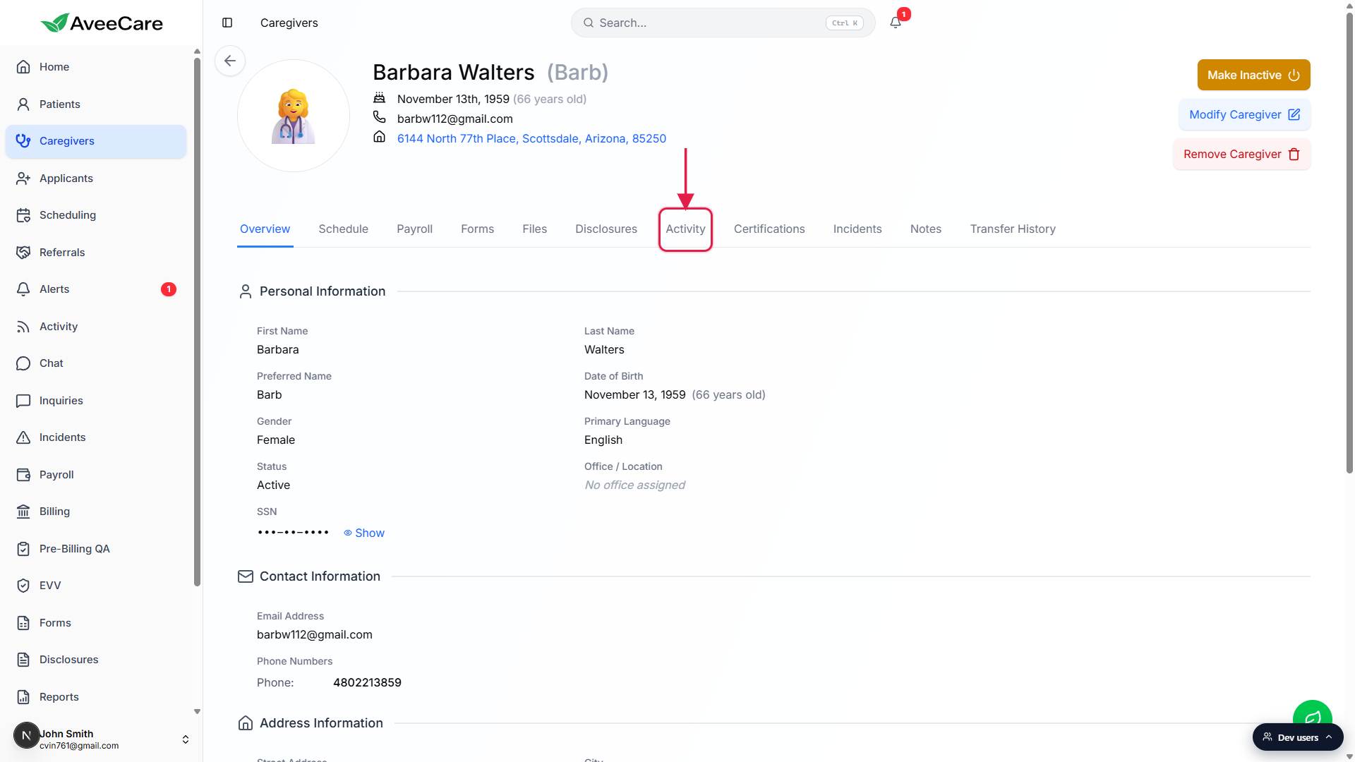 Caregiver detail page for Barbara Walters with the Activity tab on the tab strip highlighted with a red box