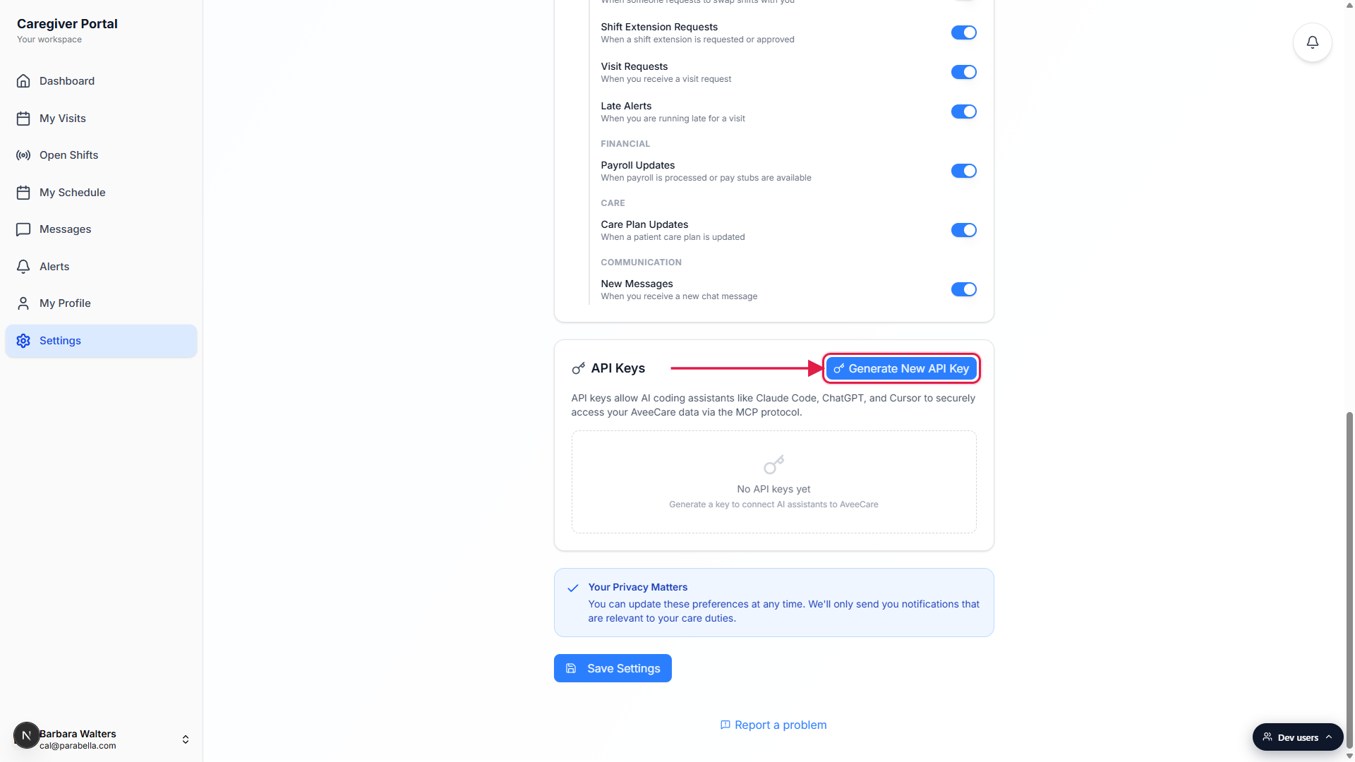 Caregiver Settings page scrolled to the API Keys card with the empty list and the Generate New API Key button in the top-right outlined in a red box with an arrow pointing to it.