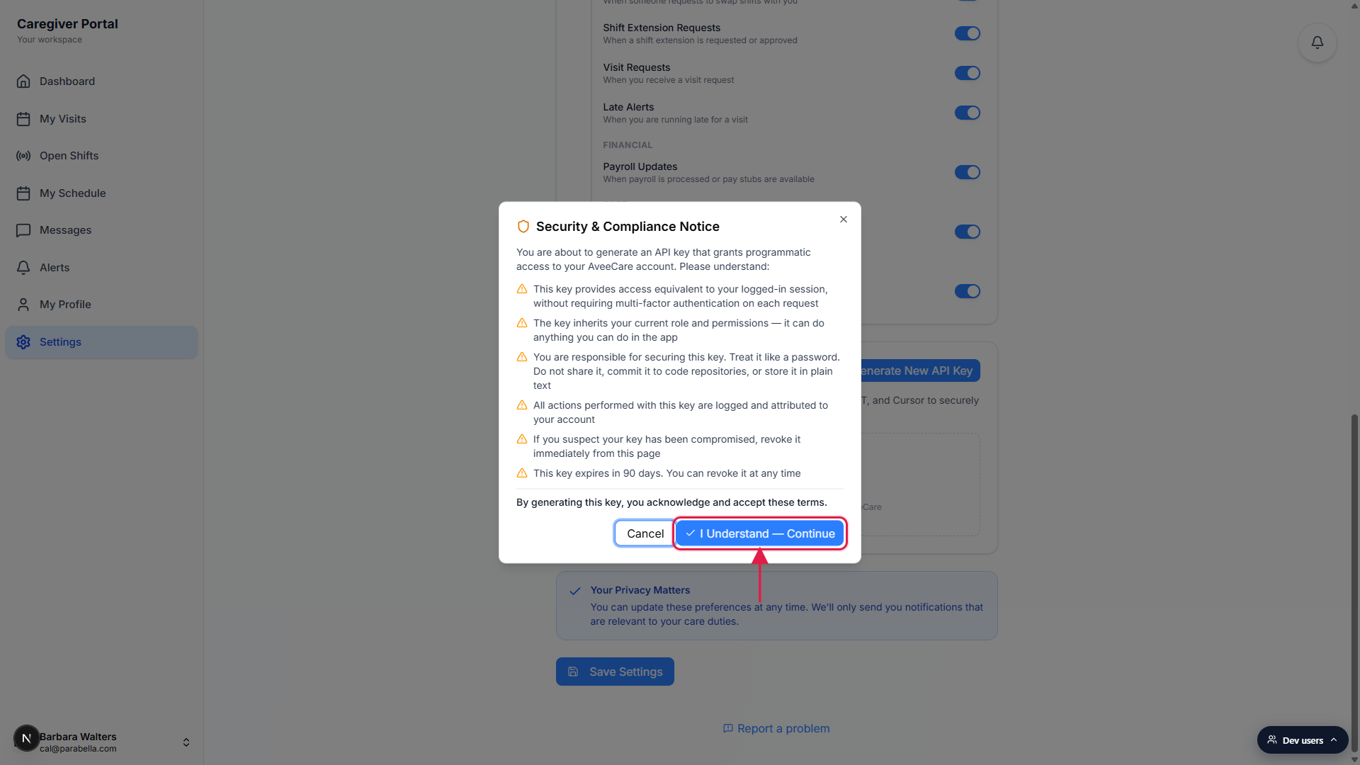Security and Compliance Notice modal listing the six acknowledgments with the I Understand Continue button outlined in a red box and an arrow pointing to it.