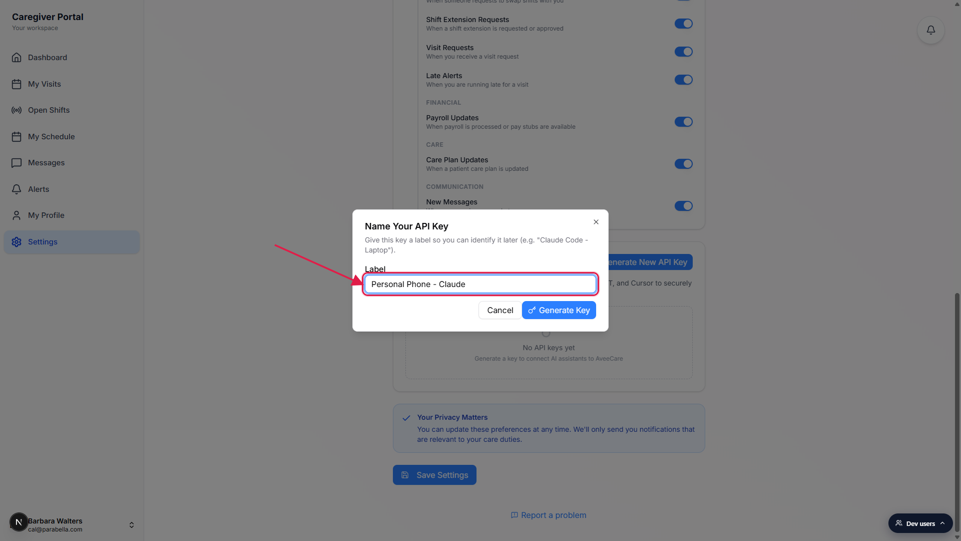 Name Your API Key dialog with the Label input outlined in a red box and an arrow pointing to it from the upper-left.