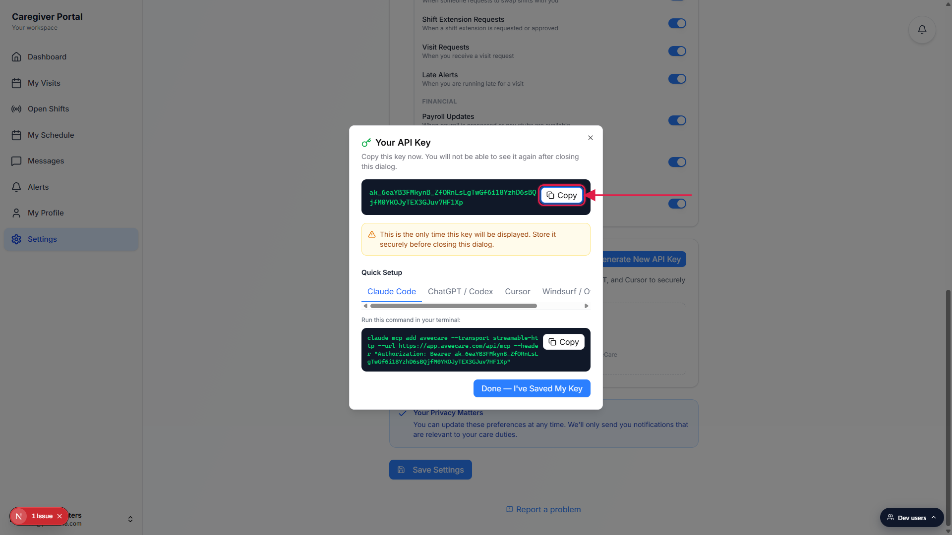Your API Key reveal dialog showing the full token in a dark code block, the amber once-only warning, the Quick Setup tabs underneath, and the Copy button outlined in a red box with an arrow pointing to it.