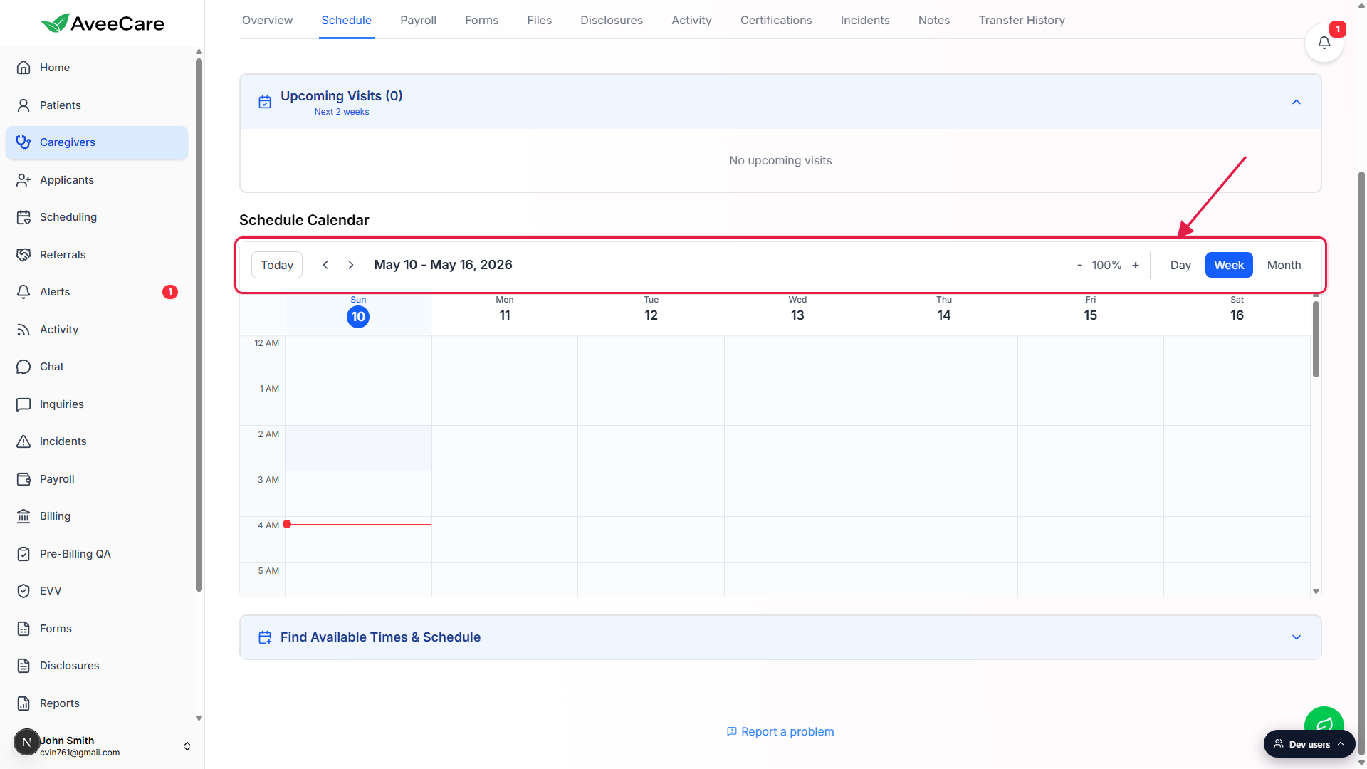 Schedule Calendar header on the caregiver Schedule tab with Today, prev and next arrows, May 10 to May 16 2026 date range, zoom row, and the Day Week Month toggle highlighted with a red box