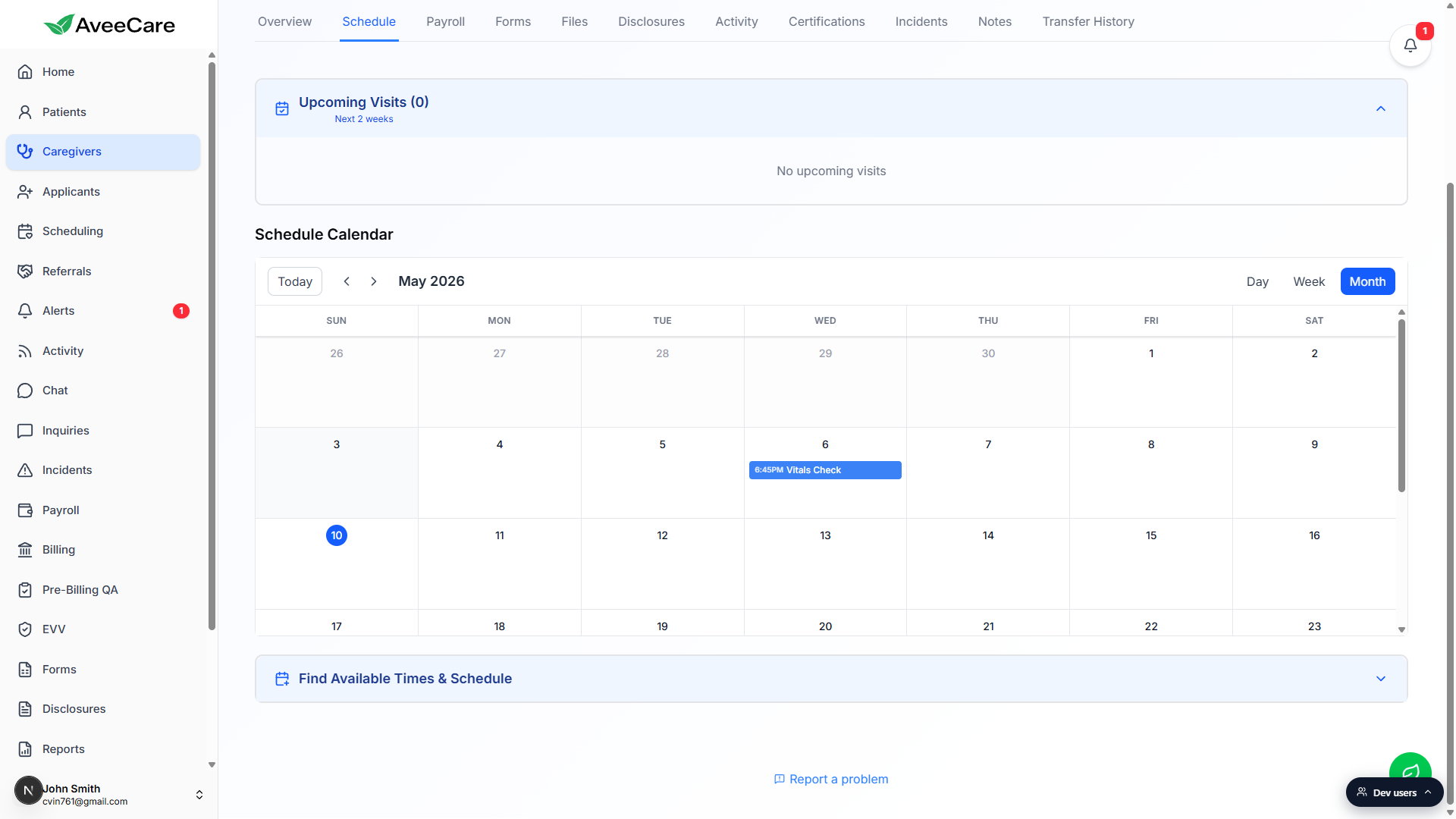 Schedule Calendar in Month view showing May 2026 with a single 6:45 PM Vitals Check visit on May 6 and the today cell on May 10 highlighted with a blue circle