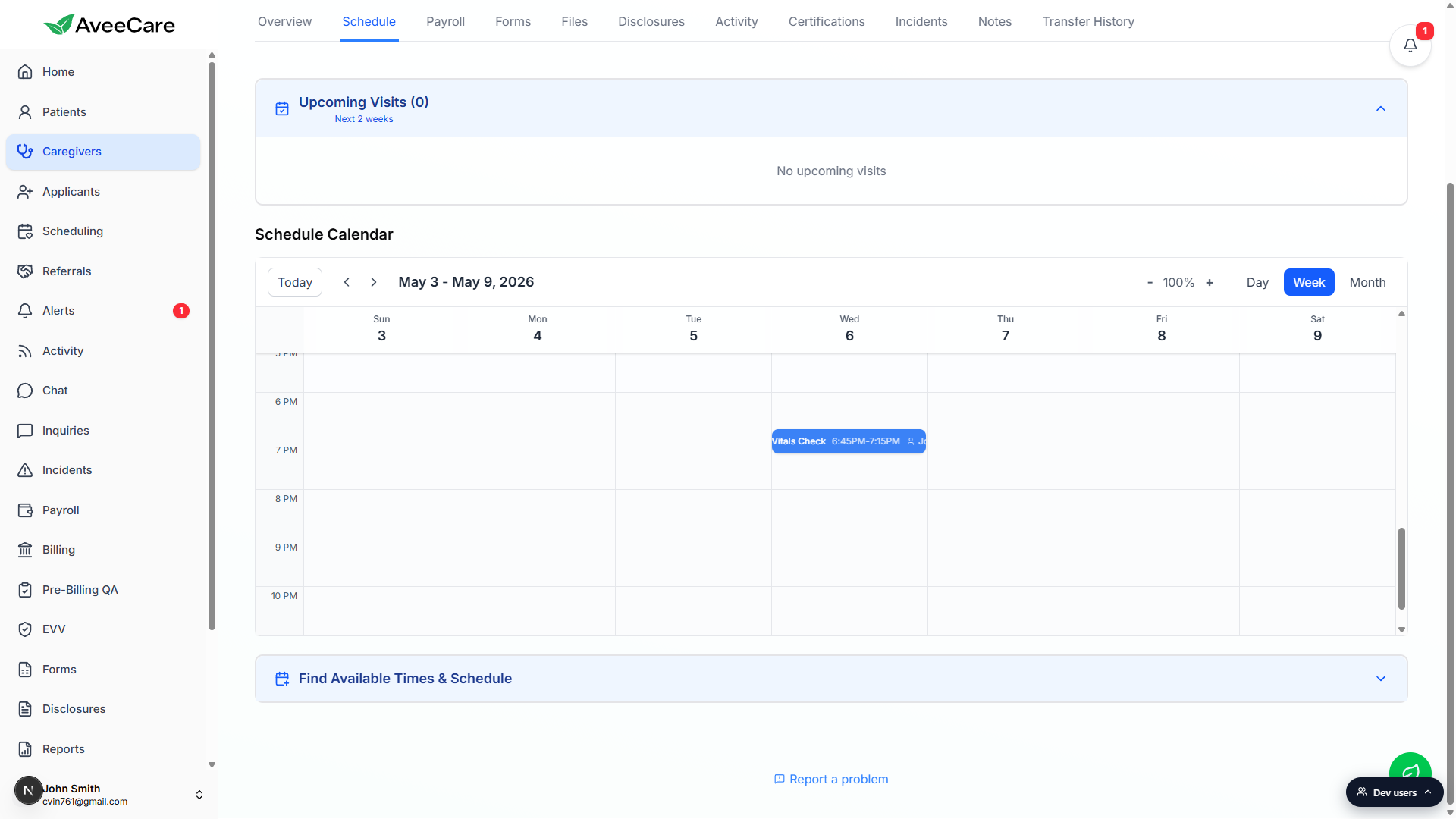 Schedule Calendar in Week view May 3 to May 9 2026 showing one Vitals Check visit on Wednesday May 6 from 6:45 PM to 7:15 PM