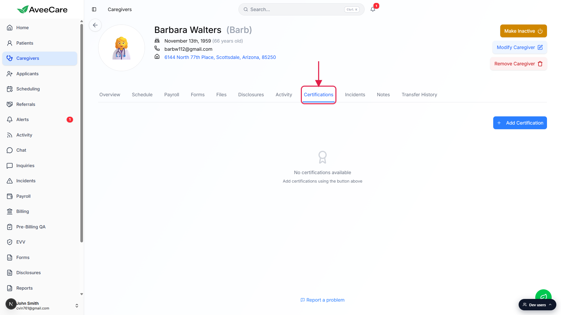 Caregiver detail page on the Certifications tab, with the Certifications tab boxed in red and the empty state visible below
