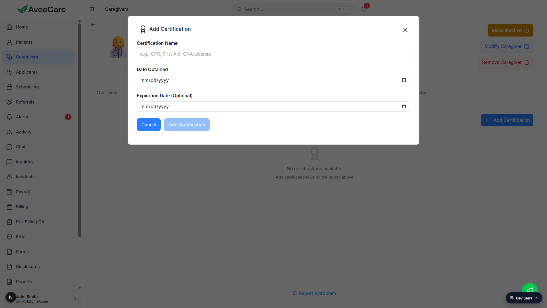 Add Certification modal with Certification Name, Date Obtained, and Expiration Date (Optional) fields, plus Cancel and Add Certification buttons