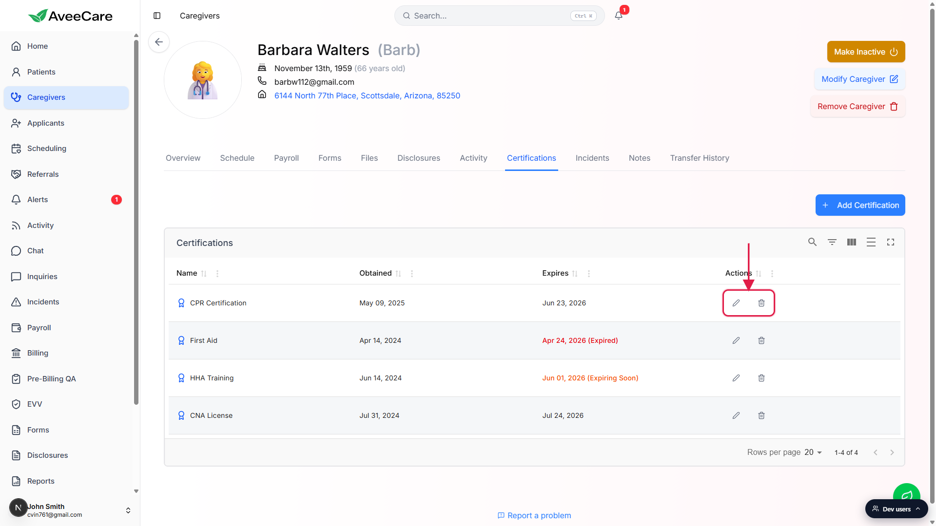 Certifications row with the Edit (pen) and Delete (trash) icons in the Actions column boxed in red