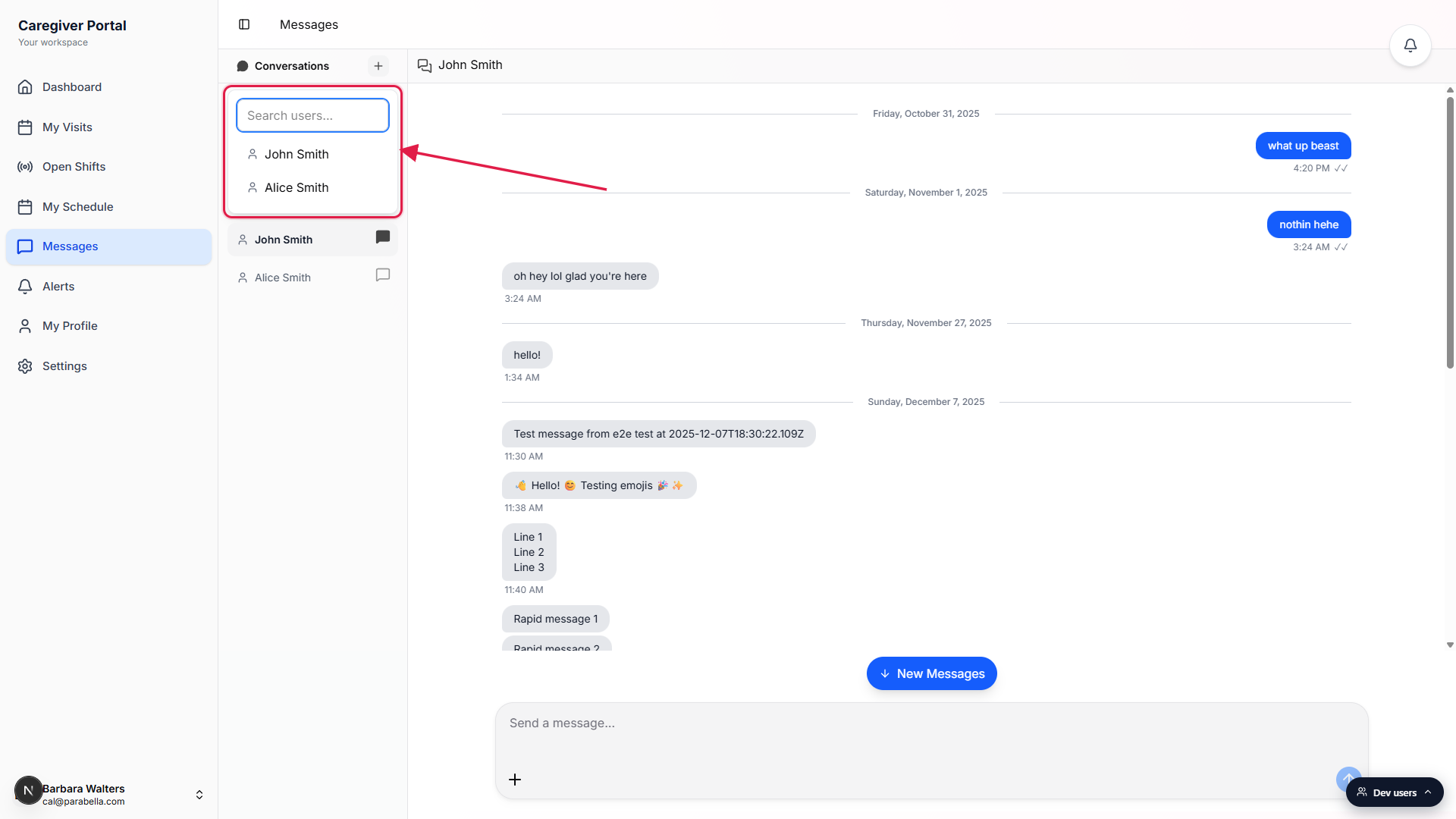 New Message dropdown open at the top of the Conversations sidebar with a Search users input above the list of office staff the caregiver is permitted to contact, highlighted with a red box
