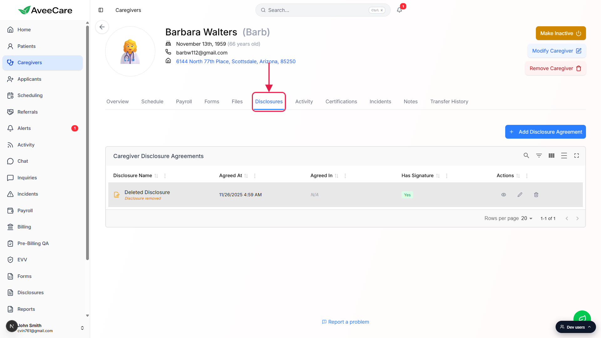 Caregiver page with the Disclosures tab on the tab strip called out with a red box